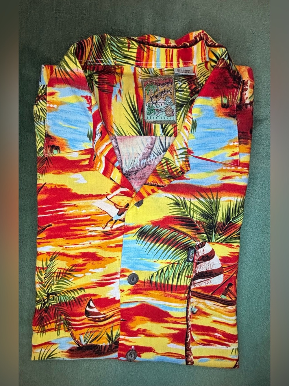 Vintage Tropical Sunset Hawaiian Camp Shirt - Bright Colors, Size: L. (6398)